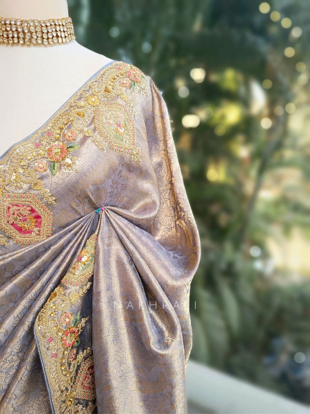 Royal Princess Grey Banarasi Silk Saree with Zardozi Detailing
