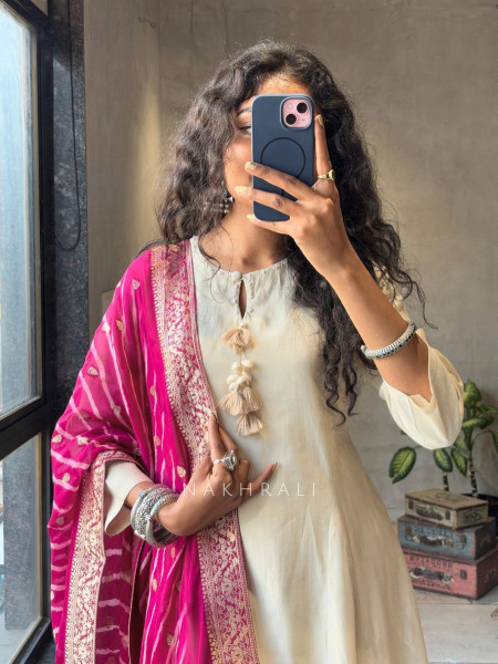 Zivara White Flared Anarkali Set with Dupatta