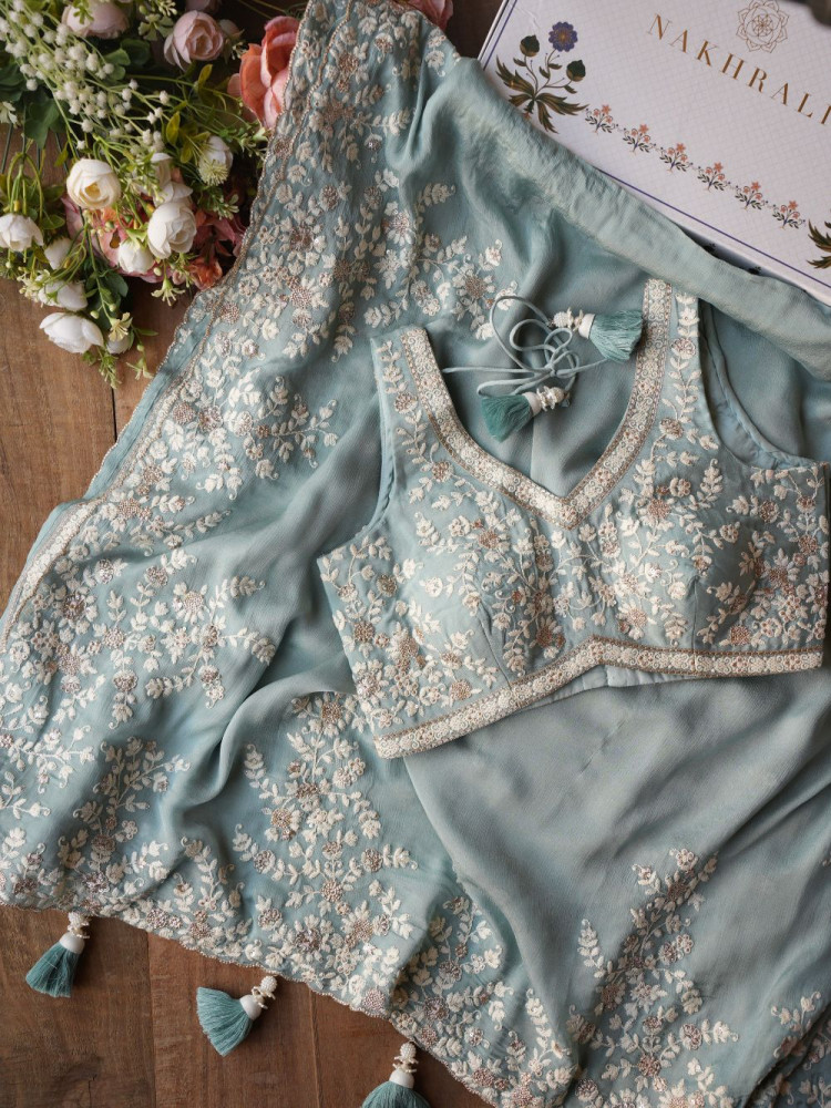 Image of Velmira Sea Green Embroidered Saree with Heavy Thread Work and Readymade Blouse