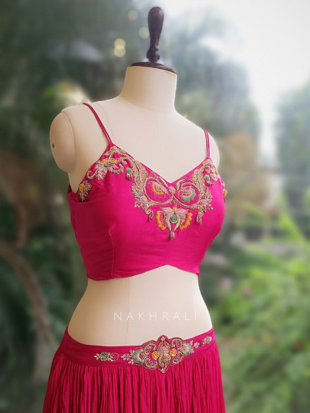 Zariyah Magenta Embroidered Crop Top Skirt Set with Cape