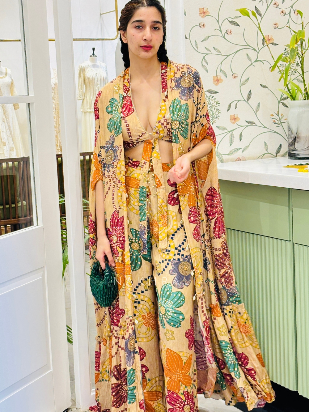 Champagne Chic Crop Top Palazzo Set with Shrug - Main Image