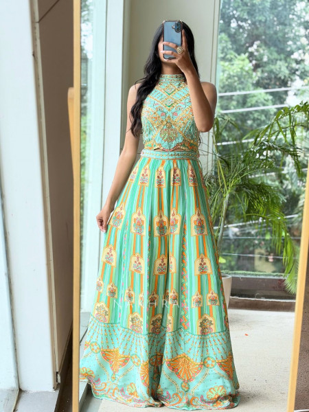 Juliette Green Jumpsuit With Jharokha Print