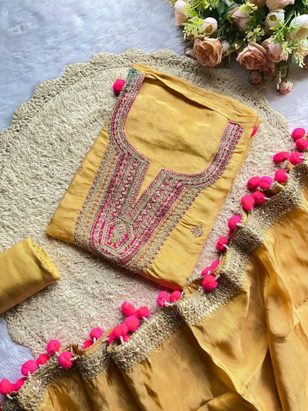 Ritika Mustard Embroidered Neck Dress Material Set