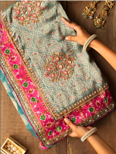 Samriddhi Teal Saree with Embroidery & Readymade Blouse