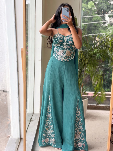 Serenelle Sea Green Crushed Georgette Indo-Western Palazzo Set
