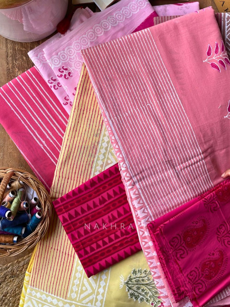 Chutrit Beige Cotton Saree with Block Print