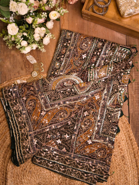 Nakkashi Brown Bridal Sequin Zari Saree with Ready Blouse