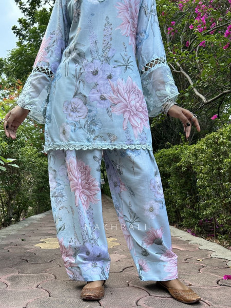 Pavira Blue Floral Suit Set with Lace Detailing