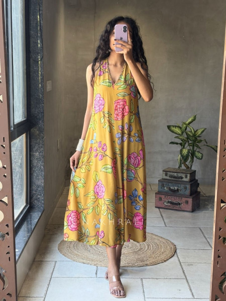 Breeze Muse Yellow Floral Printed A-Line Dress