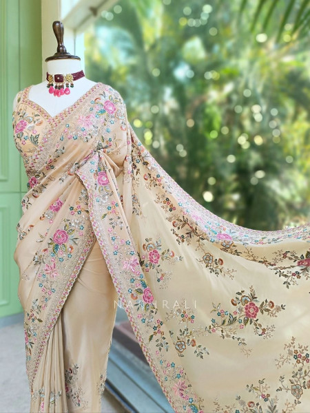 Whispers of Spring Beige Saree with Heavy Floral Thread Work and Readymade Blouse