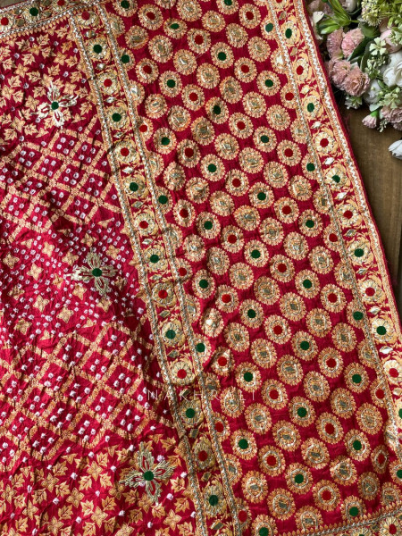 Marlowe Red Bandhej Saree with Embroidered Border and Running Blouse Piece