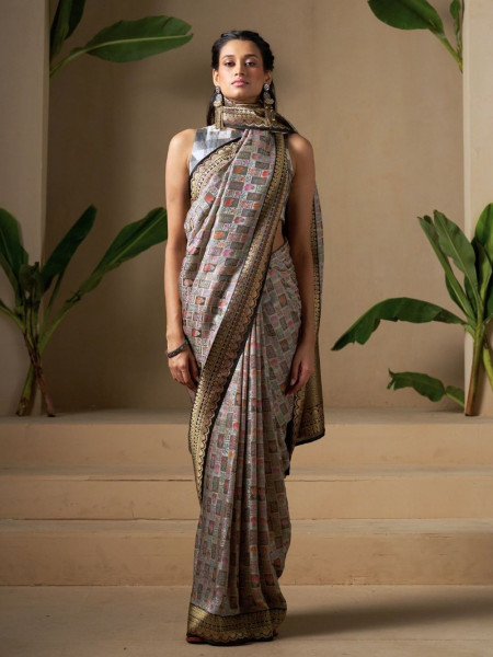 Charcoal Grey Dola Silk Saree with Antique Zari Border