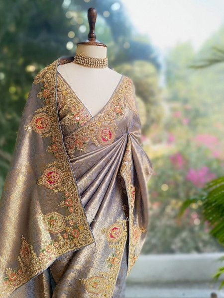 Royal Princess Grey Banarasi Silk Saree with Zardozi Detailing