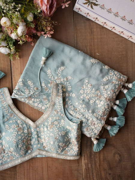 Velmira Sea Green Embroidered Saree with Heavy Thread Work and Readymade Blouse