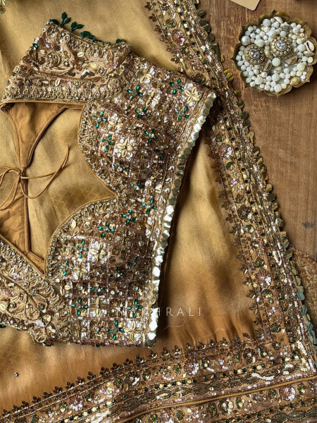 Lustre Trellis Golden Tissue Silk Saree with Readymade Blouse