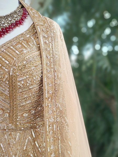 Queenshine Golden Indowestern Lehenga with Sequin and Cutdana Embellishment
