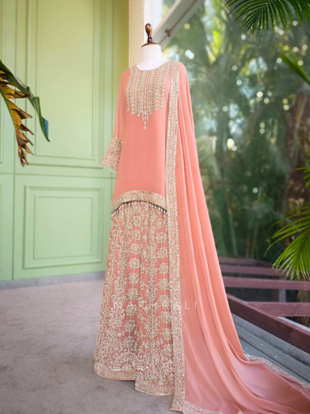 Aarunya Peach Georgette Palazzo Kurta Set with Zari Sequin Work