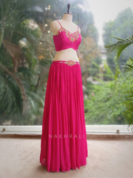 Zariyah Magenta Embroidered Crop Top Skirt Set with Cape