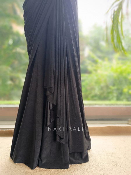 Eclipse Black Metallic Lycra Shimmer Crop Top & Draped Skirt Set