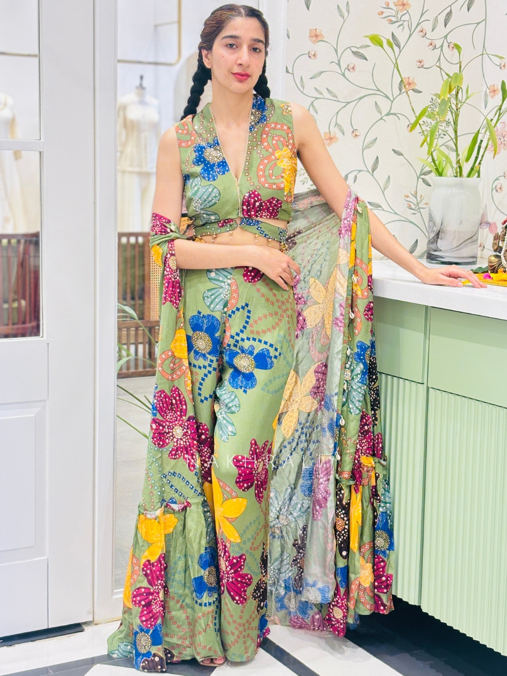 Palazzo Set Traditional Dress With Shrug Emerald Grace Crop Top