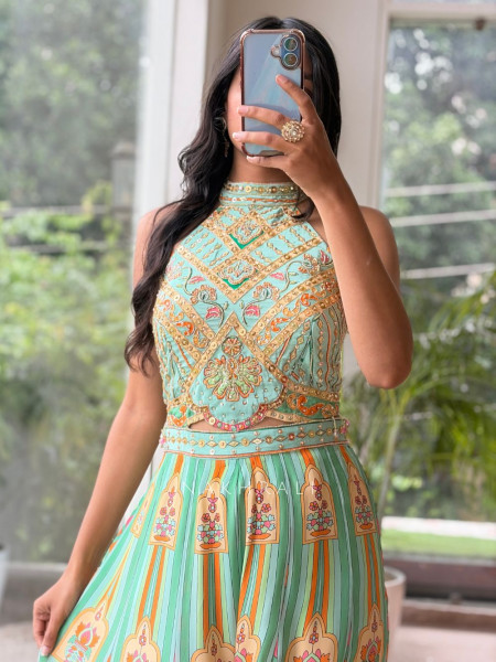 Juliette Green Jumpsuit With Jharokha Print