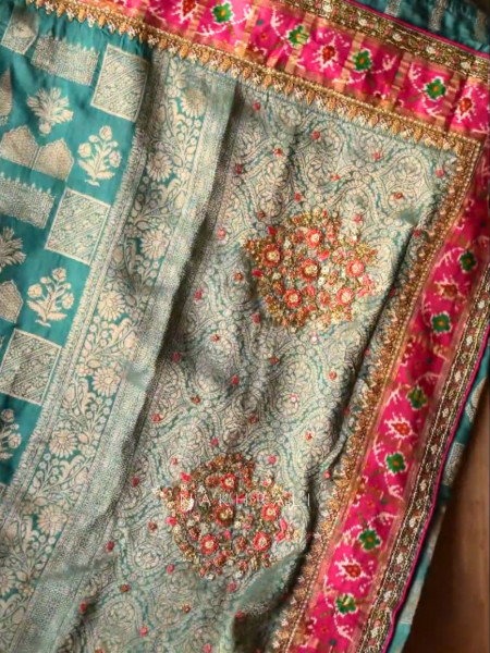 Samriddhi Teal Saree with Embroidery & Readymade Blouse