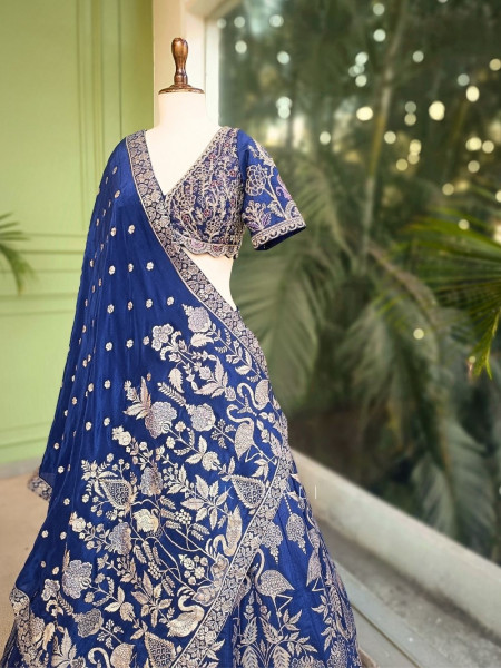 Sereva Blue Lehenga Set with Silver Brocade Work