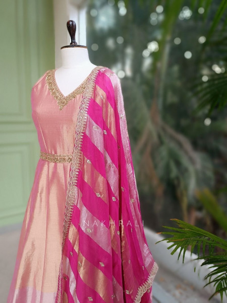 Virelle Pink Silk Anarkali Suit Set with Zari and Sequin Work
