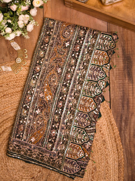 Nakkashi Brown Bridal Sequin Zari Saree with Ready Blouse