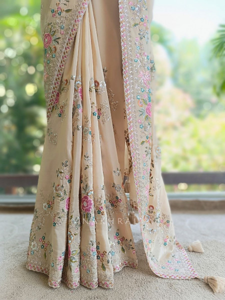 Whispers of Spring Beige Saree with Heavy Floral Thread Work and Readymade Blouse