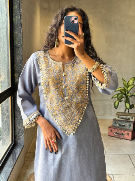 Noorika Blue Grey Cotton Blend Straight Dress with Embroidered Yoke and Mirror Lace