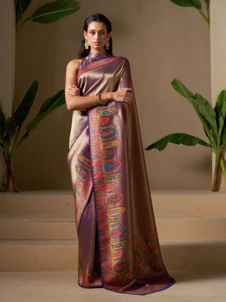 Royal Plum Tissue Dola Silk Saree with Heritage Motif Border