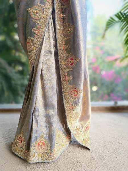 Royal Princess Grey Banarasi Silk Saree with Zardozi Detailing
