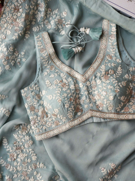 Velmira Sea Green Embroidered Saree with Heavy Thread Work and Readymade Blouse