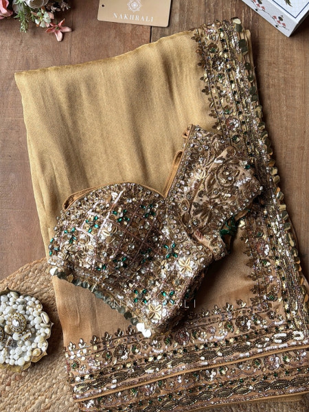Lustre Trellis Golden Tissue Silk Saree with Readymade Blouse