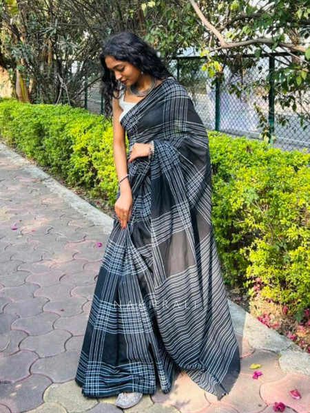 Vanika Black Cotton Handblock Saree