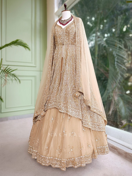 Queenshine Golden Indowestern Lehenga with Sequin and Cutdana Embellishment