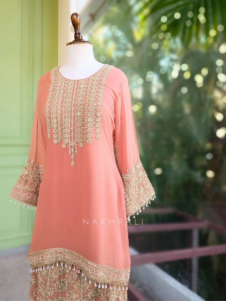 Aarunya Peach Georgette Palazzo Kurta Set with Zari Sequin Work