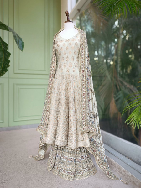 Nazakat Ivory Woven Fabric Suit Set with Stone Work