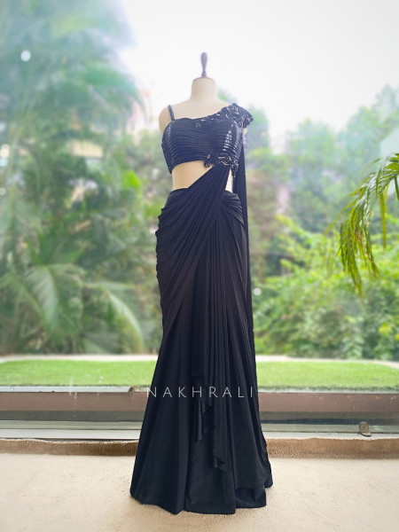 Eclipse Black Metallic Lycra Shimmer Crop Top & Draped Skirt Set