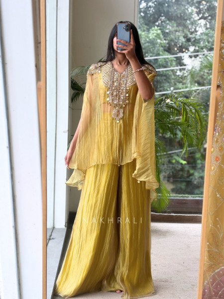 Ochre Shimmer Green Tissue Co-ord Set with Coin-Fringe Embroidered Cape