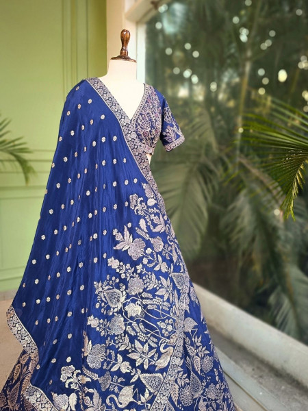 Sereva Blue Lehenga Set with Silver Brocade Work