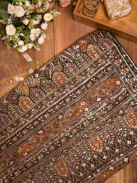 Nakkashi Brown Bridal Sequin Zari Saree with Ready Blouse