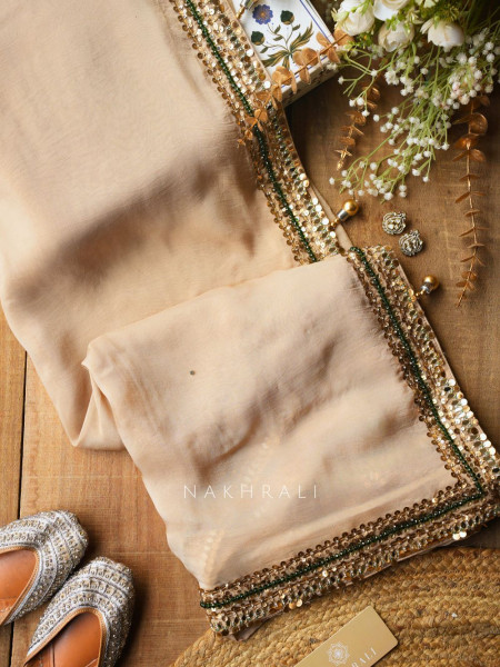 Noor-e-Kundan Brown Saree with Jewelled Blouse and Sequin Border