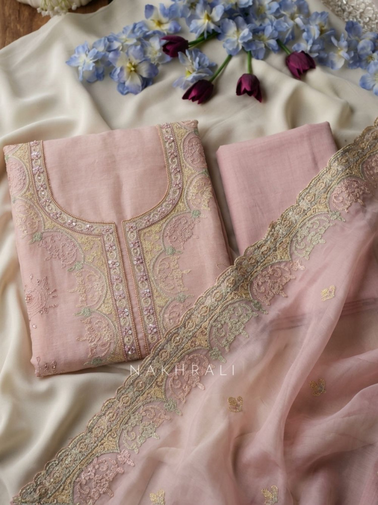 Image of Nuvella Pink Floral Embroidered Dress Material with Pearl Border