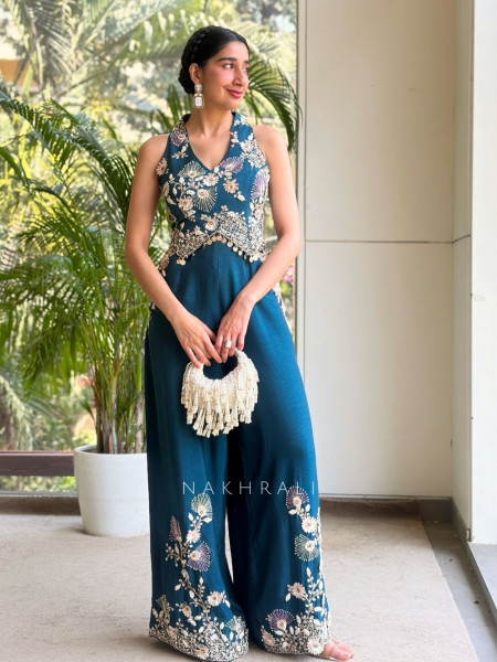 Aurelle Blue Embroidered Indo-Western Jumpsuit