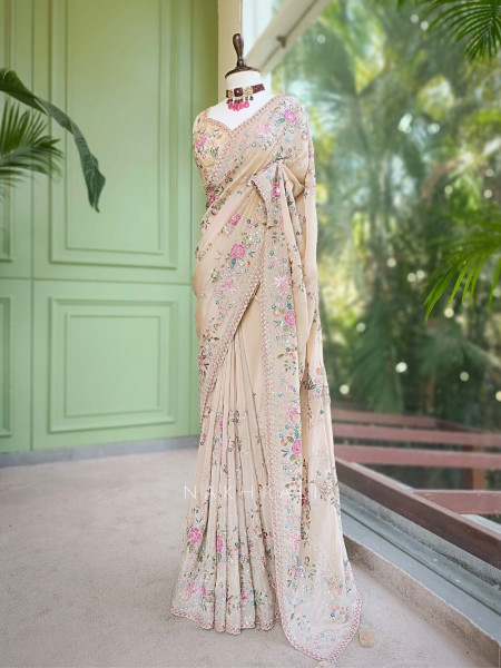 Whispers of Spring Beige Saree with Heavy Floral Thread Work and Readymade Blouse