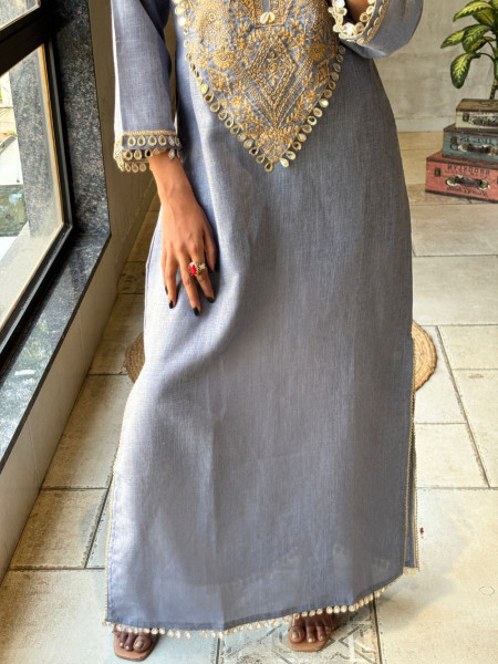 Noorika Blue Grey Cotton Blend Straight Dress with Embroidered Yoke and Mirror Lace