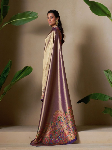 Royal Plum Tissue Dola Silk Saree with Heritage Motif Border