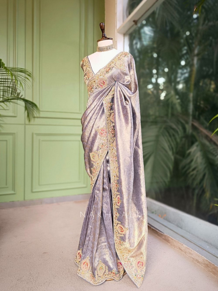 Image of Royal Princess Grey Banarasi Silk Saree with Zardozi Detailing